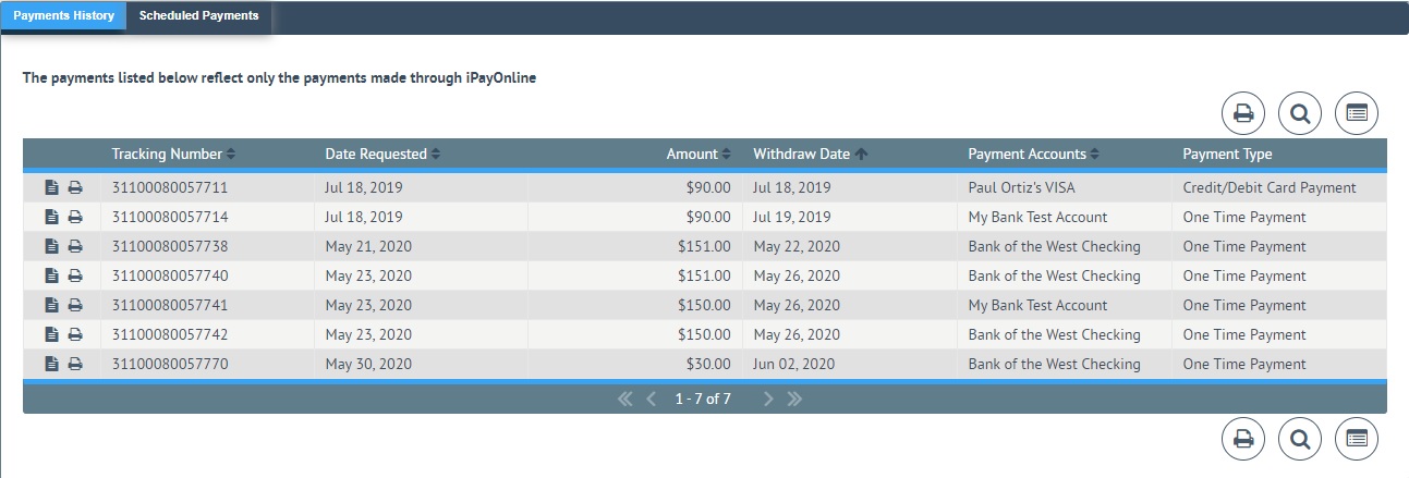 Payments History List Sorted Asc.