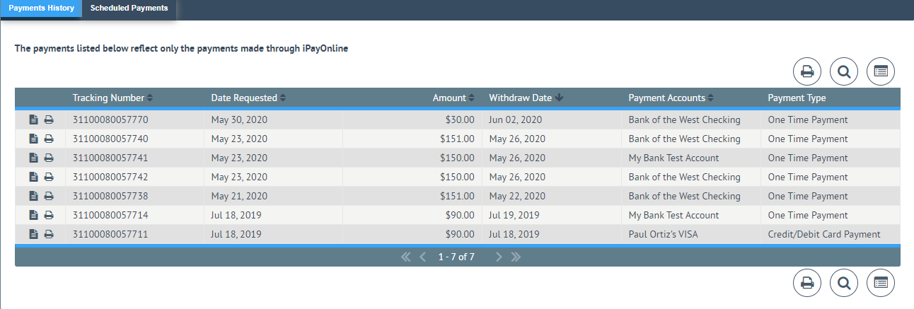 Payments History List Sorted Desc.